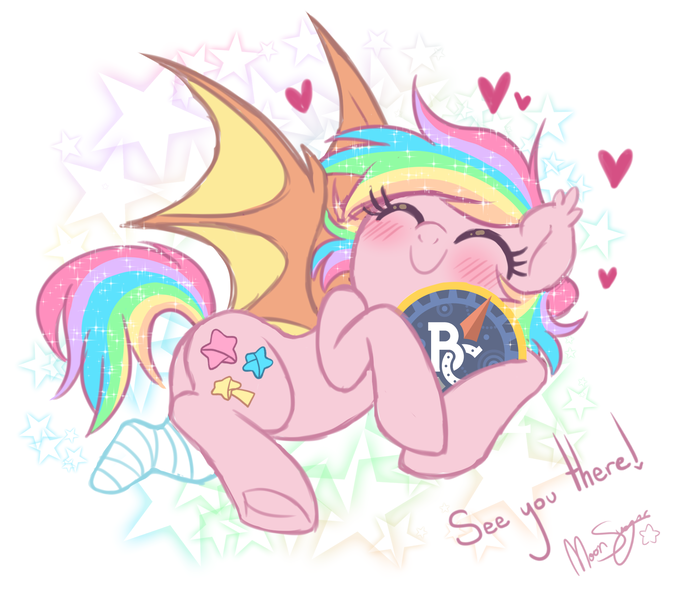 Size: 1756x1544 | Tagged: safe, artist:hawthornss, derpibooru import, oc, oc:paper stars, unofficial characters only, bat pony, pony, bronycon, amputee, bandage, blushing, cute, eyes closed, heart, hug, lying down, side, smiling, solo, spread wings, stars, underhoof, weapons-grade cute