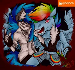 Size: 3000x2800 | Tagged: safe, artist:mimy92sonadow, derpibooru import, rainbow dash, vinyl scratch, anthro, clothes, fingerless gloves, gloves, halloween, happy halloween, hoers mask, holiday, image, jpeg, looking at you, mask, midriff, open mouth, pants, patreon, patreon logo, shorts, signature