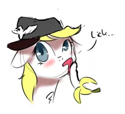 Size: 500x458 | Tagged: suggestive, artist:fuzzpower, derpibooru import, oc, oc:aryanne, unofficial characters only, banana, blushing, chest fluff, floppy ears, food, foodplay, fruit, hat, head, lewd, licking, reichsadler, solo, tongue out