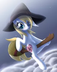 Size: 3025x3840 | Tagged: safe, artist:an-m, derpibooru import, oc, oc:aryanne, unofficial characters only, cat, earth pony, pony, broom, cloud, colored pupils, cute, female, floating, floppy ears, flying, flying broomstick, halloween, hat, heart, looking at you, magic, nazi, night, night sky, riding, sky, smiling, solo, starry eyes, stars, swastika, wingding eyes, witch, witch hat