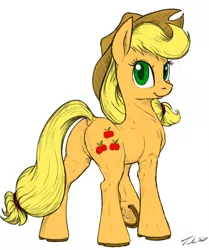 Size: 628x751 | Tagged: safe, artist:tsitra360, derpibooru import, applejack, earth pony, pony, applebutt, applejack's hat, braid, butt, cowboy hat, dock, hat, horseshoes, looking at you, looking back, looking back at you, muscles, plot, signature, simple background, smiling, smiling at you, solo, standing, underhoof, white background