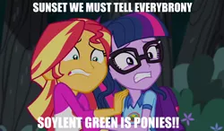 Size: 1870x1090 | Tagged: semi-grimdark, derpibooru import, edit, edited screencap, screencap, sci-twi, sunset shimmer, twilight sparkle, equestria girls, legend of everfree, caption, movie reference, scared, soylent green