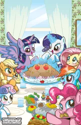 Size: 600x927 | Tagged: safe, artist:marybellamy, derpibooru import, apple bloom, applejack, fluttershy, pinkie pie, rainbow dash, rarity, sweetie belle, twilight sparkle, twilight sparkle (alicorn), alicorn, earth pony, pony, unicorn, apple, blushing, carrot, female, filly, fine art parody, food, freedom from want, glass, magic, mane six, mare, norman rockwell, plate, table, thanksgiving, tongue out, watermark