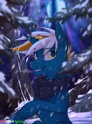 Size: 1500x2010 | Tagged: safe, artist:redchetgreen, derpibooru import, oc, unofficial characters only, pony, unicorn, clothes, looking at you, night, scarf, snow, snowfall, solo, winter