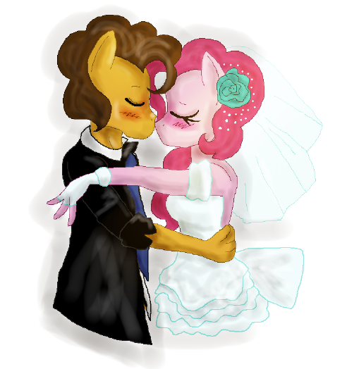 Size: 492x524 | Tagged: safe, artist:traupa, derpibooru import, cheese sandwich, pinkie pie, anthro, blushing, cheesepie, clothes, dress, flower, flower in hair, heartwarming in hindsight, kissing, male, marriage, shipping, straight, wedding, wedding dress