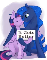 Size: 1280x1656 | Tagged: safe, artist:silfoe, derpibooru import, princess luna, twilight sparkle, twilight sparkle (alicorn), alicorn, pony, :p, boop, cute, eyes closed, female, grin, hug, inspirational, it gets better, lesbian, lidded eyes, mare, missing accessory, nose wrinkle, noseboop, nuzzling, positive message, positive ponies, shipping, sign, sitting, smiling, tongue out, twiabetes, twiluna, winghug