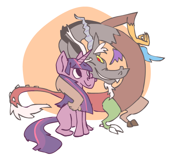 Size: 566x532 | Tagged: safe, artist:sky665, derpibooru import, discord, twilight sparkle, draconequus, pony, unicorn, duo, female, friendshipping, male, mare