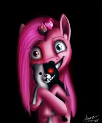 Size: 1000x1200 | Tagged: artist:misiekpl, black background, danganronpa, derpibooru import, hug, monokuma, pinkamena diane pie, pinkie pie, plushie, red eye, safe, signature, simple background, smiling, solo, toy