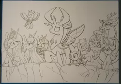 Size: 2550x1760 | Tagged: safe, artist:xeviousgreenii, derpibooru import, discord, princess cadance, princess celestia, princess flurry heart, princess luna, spike, starlight glimmer, thorax, trixie, twilight sparkle, twilight sparkle (alicorn), alicorn, changedling, changeling, pony, unicorn, to where and back again, alicorn pentarchy, flying, king thorax, lidded eyes, lineart, looking down, magic, monochrome, open mouth, sitting, smiling, spread wings, trixie's hat