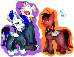 Size: 1024x791 | Tagged: safe, artist:animechristy, derpibooru import, oc, oc:manga kamen, oc:sapphire heart song, oc:toonkriticy2k, gryphon, pegasus, pony, anime, cloak, clothes, crossover, fullmetal alchemist, kamenheart, prosthetic wing, red and black oc, uniform