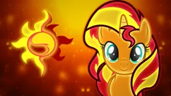 Size: 1920x1080 | Tagged: safe, artist:solaris-lights, derpibooru import, sunset shimmer, pony, unicorn, cutie mark, female, looking at you, mare, neon, solo, vector, wallpaper