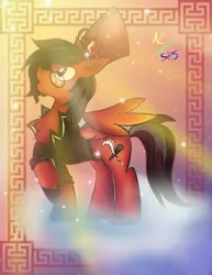 Size: 1024x1325 | Tagged: safe, artist:animechristy, derpibooru import, oc, oc:toonkriticy2k, unofficial characters only, pegasus, pony, boarder, clothes, cloud, glasses, goggles, hat, jacket, red and black oc, solo, top hat