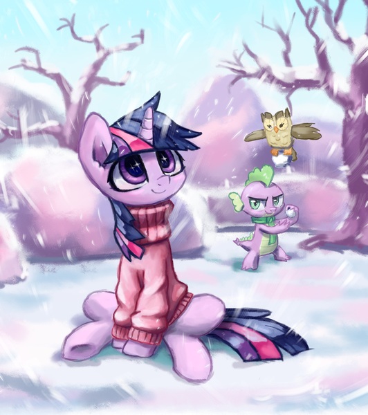 Size: 4617x5211 | Tagged: safe, artist:inowiseei, derpibooru import, part of a set, owlowiscious, spike, twilight sparkle, bird, dragon, owl, pony, unicorn, absurd resolution, clothes, featured image, female, flying, image, jpeg, male, mare, scheming, sitting, smiling, snow, snowball, snowfall, sweater, unicorn twilight, winter