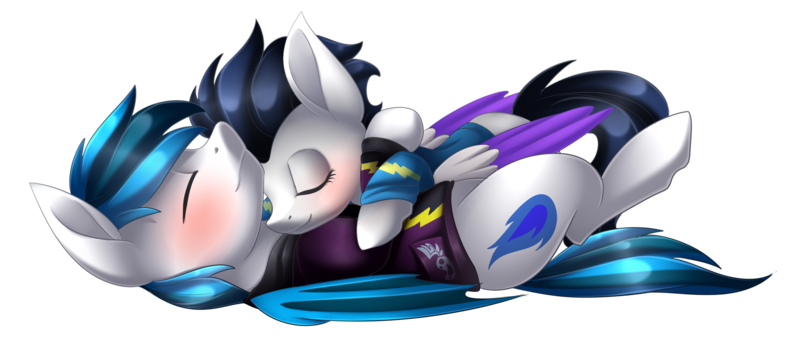 Size: 2415x1044 | Tagged: safe, artist:scarlet-spectrum, derpibooru import, oc, oc:blue storm, oc:switch, oc:switch storm, unofficial characters only, pegasus, pony, blushing, clothes, commission, costume, eyes closed, hug, male, shadowbolts costume, simple background, snuggling, straight, transparent background