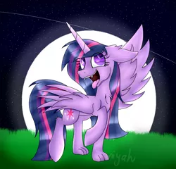 Size: 2600x2500 | Tagged: safe, artist:tomboygirl45, derpibooru import, twilight sparkle, twilight sparkle (alicorn), alicorn, hengstwolf, pony, werewolf, behaving like a dog, chest fluff, fangs, full moon, moon, night, solo, tongue out, transformation