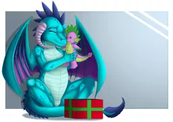 Size: 2630x1860 | Tagged: safe, artist:exelzior, derpibooru import, princess ember, spike, dragon, button eyes, cute, emberbetes, emberspike, eyes closed, hug, male, plushie, present, shipping, sitting, smiling, spike plushie, spread wings, straight