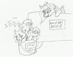 Size: 1229x954 | Tagged: safe, artist:slouping, derpibooru import, oc, oc:dusk rhine, oc:frostfire, oc:ipomoea, oc:nolegs, unofficial characters only, bat pony, pony, bat bucket, bathtub, bucket, dialogue, good bat bucket, monochrome, pencil drawing, traditional art