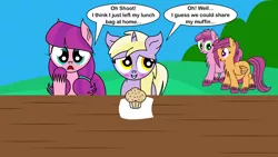 Size: 3902x2195 | Tagged: safe, artist:dinkyuniverse, derpibooru import, dinky hooves, lily longsocks, ruby pinch, scootaloo, earth pony, pegasus, pony, unicorn, blushing, chest fluff, crush, cute, dialogue, dinkabetes, dinkily, ear fluff, female, food, lesbian, muffin, older, picnic table, scootapinch, sharing, shipping, shipping fuel, smiling, table, unshorn fetlocks