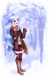 Size: 1014x1573 | Tagged: safe, artist:xiemon-shi, derpibooru import, oc, oc:winter mist, unofficial characters only, equestria girls, boots, catching snowflakes, clothes, cute, equestria girls-ified, open mouth, pleated skirt, scarf, scenery, skirt, snow, snowfall, socks, solo, thigh highs, zettai ryouiki