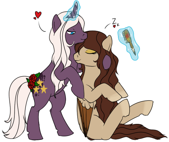 Size: 540x455 | Tagged: safe, artist:karmadash, derpibooru import, oc, oc:krystal feathers, oc:nami, unofficial characters only, pegasus, pony, unicorn, blank flank, brush, couple, eyes closed, female, flower, heart, kryami, lesbian, magic, mare, rose, shipping, simple background, sitting, sleeping, smiling, song in the description, standing, telekinesis, transparent background, z, zzz