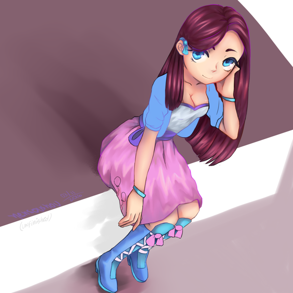 Size: 1000x1000 | Tagged: safe, artist:nensoushou, derpibooru import, pinkie pie, equestria girls, boots, bracelet, breasts, cleavage, clothes, cute, diapinkes, female, high heel boots, jewelry, looking at you, pinkamena diane pie, skirt, smiling, solo