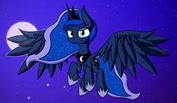 Size: 6000x3500 | Tagged: absurd file size, absurd resolution, artist:malphee, artist:renderpoint, crown, derpibooru import, flying, frown, jewelry, large wings, moon, night, princess luna, regalia, safe, sky, solo, stars