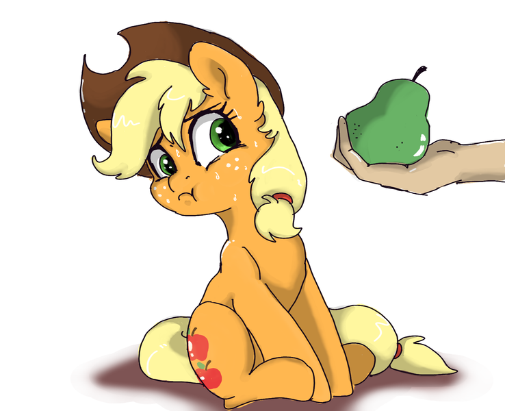 Size: 1600x1300 | Tagged: safe, artist:buttersprinkle, derpibooru import, applejack, earth pony, human, pony, :t, do not want, female, food, frown, hand, hilarious in hindsight, looking at something, looking away, mare, offscreen character, pear, puffy cheeks, shadow, simple background, sitting, solo focus, sweat, that pony sure does hate pears, white background