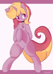 Size: 1280x1792 | Tagged: safe, artist:enryuuchan, derpibooru import, oc, oc:tied hooves, unofficial characters only, pony, bipedal, charm, collar, shy, solo