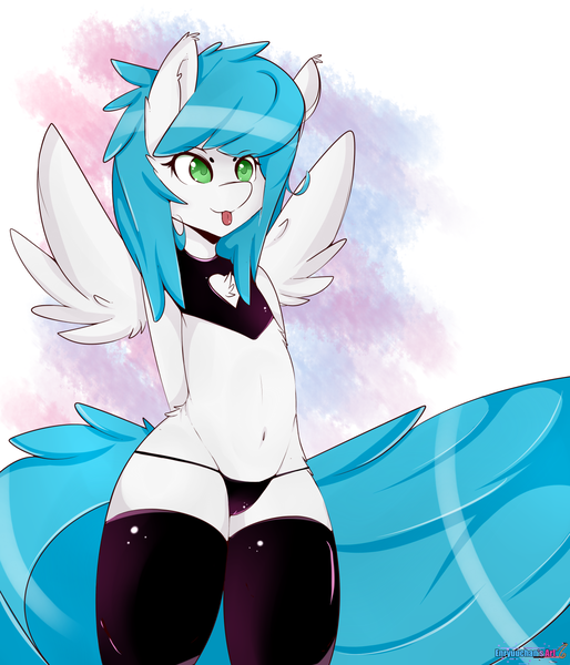 Size: 1280x1493 | Tagged: suggestive, artist:enryuuchan, derpibooru import, oc, oc:bright heart, unofficial characters only, pegasus, pony, semi-anthro, :p, belly button, clothes, female, panties, solo, solo female, stockings, tongue out, underwear