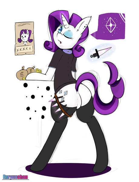 Size: 1280x1674 | Tagged: suggestive, artist:enryuuchan, derpibooru import, rarity, pony, semi-anthro, bipedal, clothes, collar, dialogue, diamond, female, knife, looking at you, magic, money, one eye closed, plot, shirt, solo, solo female, stockings, wanted poster