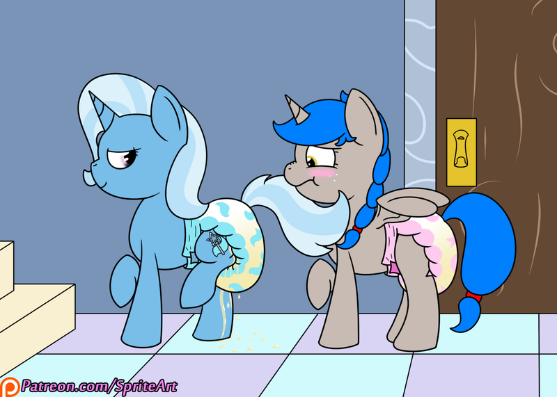 Size: 1400x1000 | Tagged: questionable, artist:spritepony, derpibooru import, trixie, oc, oc:sprite, alicorn, pony, unicorn, :t, adult foal, alicorn oc, bedroom eyes, blushing, cute, diaper, diaper fetish, eyes on the prize, frown, leaking, leaky diaper, looking back, nose wrinkle, patreon, patreon logo, pissing, poofy diaper, raised hoof, raised leg, scrunchy face, spread wings, sprite's ponyville house, tail seduce, urine, watersports, wet diaper, wetting, wingboner, wings