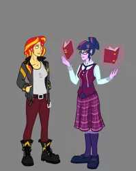 Size: 1274x1600 | Tagged: safe, artist:madness-with-reason, derpibooru import, sci-twi, sunset shimmer, twilight sparkle, equestria girls, clothes, magic, skirt