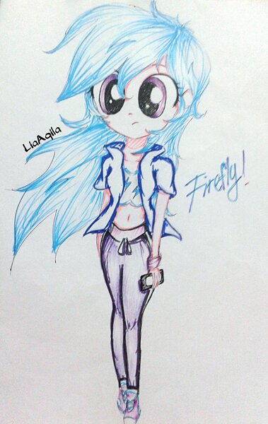 Size: 1292x2048 | Tagged: artist:liaaqila, belly button, clothes, derpibooru import, firefly, g1, g1 to g4, generation leap, human, humanized, midriff, safe, short shirt, solo, traditional art