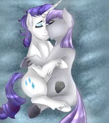 Size: 800x900 | Tagged: safe, artist:anxiousshadowpetals, derpibooru import, maud pie, rarity, earth pony, pony, unicorn, cuddling, eyes closed, female, lesbian, mare, rarimaud, shipping, snuggling, unshorn fetlocks