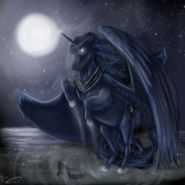 Size: 960x960 | Tagged: artist:alkatu, derpibooru import, glowing eyes, hoers, moon, night, princess luna, realistic, rearing, safe, solo, spread wings, stars