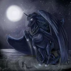 Size: 960x960 | Tagged: artist:alkatu, derpibooru import, glowing eyes, hoers, moon, night, princess luna, realistic, rearing, safe, solo, spread wings, stars