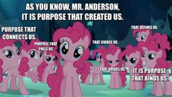 Size: 1280x720 | Tagged: agent smith, clone, derpibooru import, edit, edited screencap, image macro, meme, pinkie clone, pinkie pie, safe, screencap, that cute clone, the matrix, too many pinkie pies, xk-class end-of-the-world scenario