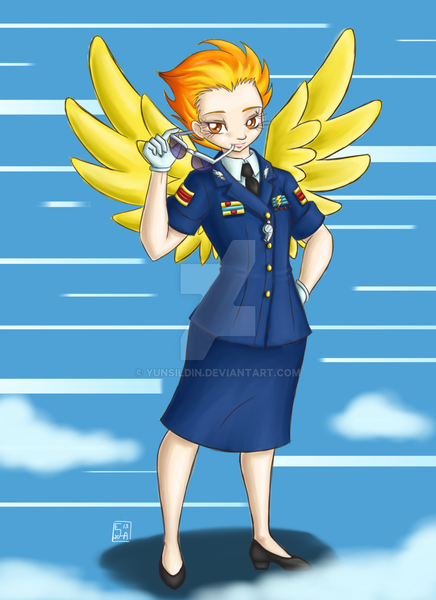 Size: 900x1238 | Tagged: artist:yunsildin, derpibooru import, human, humanized, safe, solo, spitfire, sunglasses, watermark, winged humanization, wonderbolts dress uniform