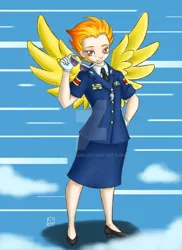 Size: 900x1238 | Tagged: artist:yunsildin, derpibooru import, human, humanized, safe, solo, spitfire, sunglasses, watermark, winged humanization, wonderbolts dress uniform