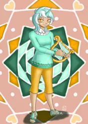 Size: 900x1273 | Tagged: artist:yunsildin, clothes, derpibooru import, horned humanization, human, humanized, looking at you, lyra heartstrings, lyre, musical instrument, safe, smiling, solo, sweater, watermark