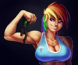 Size: 982x820 | Tagged: armpits, artist:maarthul, breasts, busty rainbow dash, clothes, derpibooru import, female, flexing, giantess, human, humanized, macro, micro, muscles, oc, oc:anon, rainbow dash, size difference, sports bra, suggestive