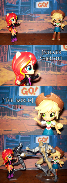 Size: 850x2307 | Tagged: safe, derpibooru import, applejack, sunset shimmer, equestria girls, boots, clothes, cowboy hat, denim skirt, doll, equestria girls minis, eqventures of the minis, hat, jacket, jojo's bizarre adventure, leather jacket, silver chariot, skirt, stand, stardust crusaders, stetson, the world, toy, toy comic, versus