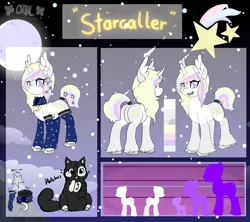 Size: 3000x2668 | Tagged: safe, artist:otpl, derpibooru import, oc, unofficial characters only, pony, unicorn, clothes, cloven hooves, collar, curved horn, feathered ears, heterochromia, reference sheet, socks, solo, stars, unshorn fetlocks