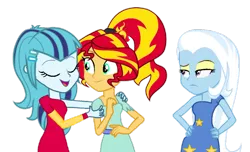 Size: 1024x623 | Tagged: safe, artist:trixiesparkle63, derpibooru import, sonata dusk, sunset shimmer, trixie, equestria girls, alternate hairstyle, eyes closed, female, lesbian, open mouth, shipping, simple background, smiling, sunata, transparent background