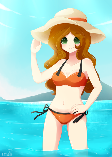 Size: 600x840 | Tagged: artist:exceru-karina, barely pony related, bikini, breasts, clothes, derpibooru import, female, hat, human, humanized, humanized oc, looking at you, oc, oc:autumn science, solo, solo female, suggestive, swimsuit, unofficial characters only