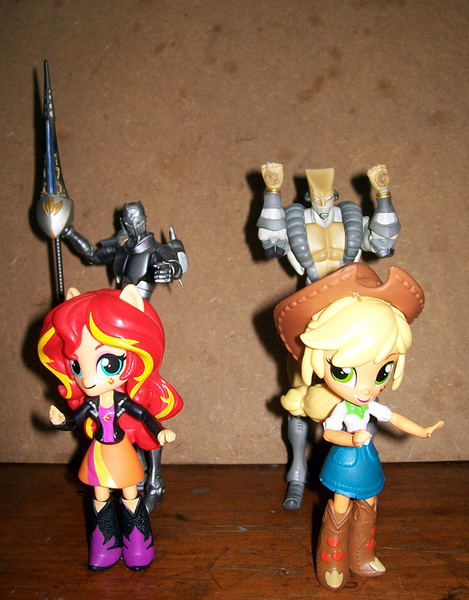 Size: 665x850 | Tagged: safe, derpibooru import, applejack, sunset shimmer, equestria girls, action figure, boots, clothes, cowboy hat, denim skirt, doll, equestria girls minis, eqventures of the minis, hat, jacket, jojo's bizarre adventure, leather jacket, silver chariot, skirt, stand, stardust crusaders, stetson, the world, toy, za warudo