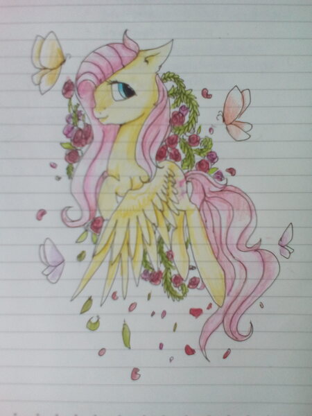 Size: 1920x2560 | Tagged: artist:nuttypanutdy, butterfly, derpibooru import, flower, fluttershy, flying, inktober, lined paper, safe, solo, traditional art