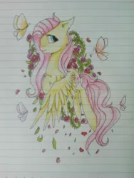 Size: 1920x2560 | Tagged: artist:nuttypanutdy, butterfly, derpibooru import, flower, fluttershy, flying, inktober, lined paper, safe, solo, traditional art