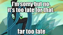 Size: 1280x720 | Tagged: changeling, changeling queen, derpibooru import, edit, edited screencap, female, former queen chrysalis, image macro, meme, queen chrysalis, sad, safe, screencap, solo, the joker, the killing joke, to where and back again