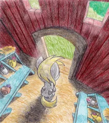 Size: 2420x2723 | Tagged: safe, artist:michiito, derpibooru import, part of a set, derpy hooves, chicken, pegasus, pony, may the best pet win, chicken coop, female, mare, pencil drawing, perspective, scene interpretation, sitting, solo, traditional art